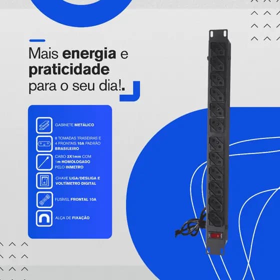 Régua Tomada Filtro Linha Cabo Cobre Extensão Energia 12 Tomadas Reset 10a Dps Curtos