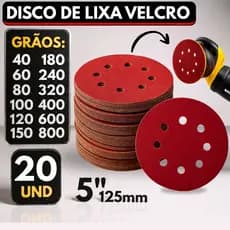 Kit 20 Disco Lixa com Velcro Circular 125mm 8 Furos para Ferro Metal Madeira Lixadeira Politriz Rokit Roto Orbital