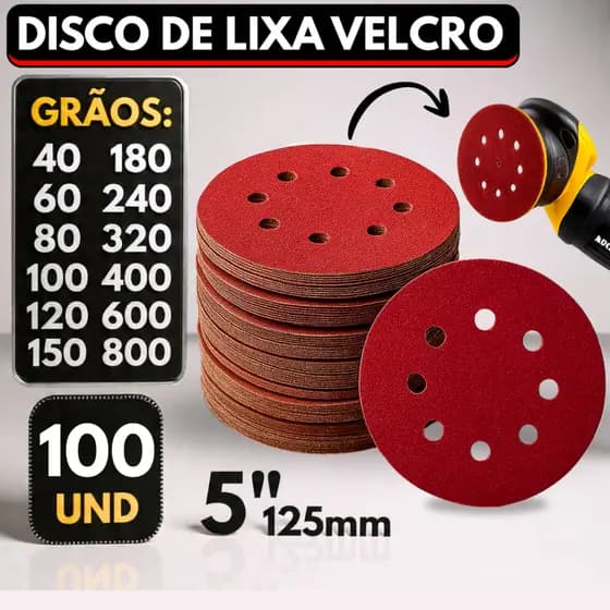 Kit 100 Disco de Lixa Velcro Circular 125mm 8 Furos Roto Orbital para Ferro Madeira Massa e Metal