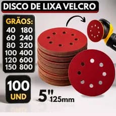 Kit 100 Disco de Lixa Velcro Circular 125mm 8 Furos Roto Orbital para Ferro Madeira Massa e Metal