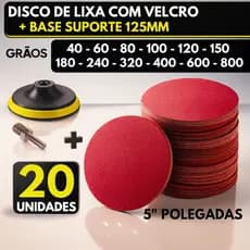 Kit Base + 20 Disco Lixa Velcro Sem Furos Roto Orbital Lixadeira para Ferro, Metal, Massa e Madeira 125mm Suporte M14