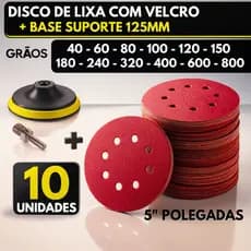 Kit Base + 10 Disco Lixa Velcro 8 Furos Roto Orbital Lixadeira para Ferro, Metal, Massa e Madeira 125mm Suporte M14 Esme