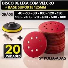 Kit Base + 20 Disco Lixa Velcro 8 Furos Roto Orbital Lixadeira para Ferro, Metal, Massa e Madeira 125mm Suporte M14