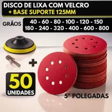 Kit Base + 50 Disco Lixa Velcro 8 Furos Roto Orbital para Ferro, Metal, Massa e Madeira 125mm Suporte M14