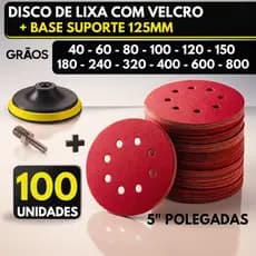 Kit Base + 100 Disco Lixa Velcro 8 Furos Roto Orbital Lixadeira para Ferro, Metal, Massa e Madeira 125mm Suporte M14 Esm