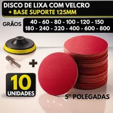Kit Base + 10 Disco Lixa Velcro Sem Furos Roto Orbital Lixadeira para Ferro, Metal, Massa e Madeira 125mm Suporte M14