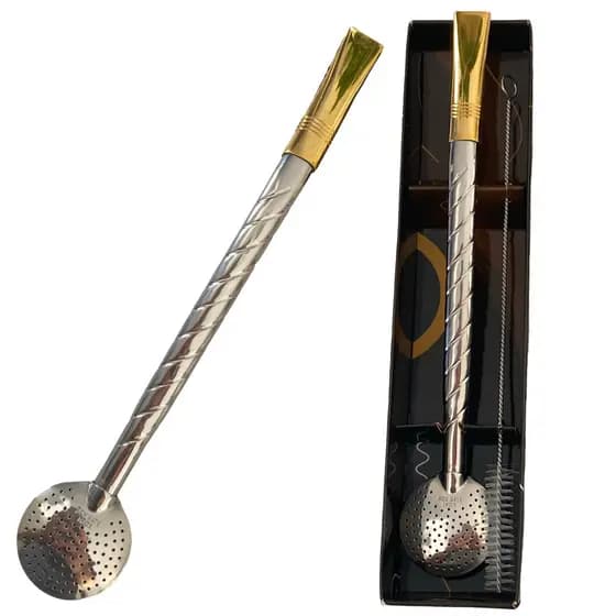 Bomba para Chimarrão em Inox Premium 22 Cm com Bocal Banhado a Ouro 24K
