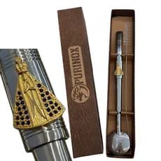 Bomba para Chimarrão Terere Purinox 24cm Bojo 360 Furos Aplique Banhado Nossa Senhora Aparecida