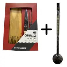 Kit Tabua Corte Churrasco Faca Garfo Mais Bomba Para Chimarrão - d