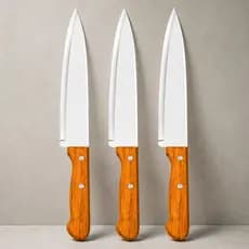 Kit 3 Faca de Cozinha Cabo de Madeira Profissional Inox 7” Polegadas 30cm Alta Durabilidade