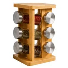 Porta Temperos De Bambu Giratório 12 Potes Vidro Com Tampa Dosadora Condimentos