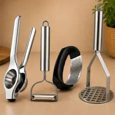 Kit Utensílios de Cozinha Amassador de Batatas Descascador Espremedor de Alho e Limão em Aço Inox