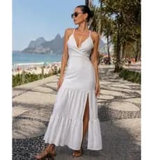 Vestido Branco midi Feminino Verão Vazado de Alça Fina