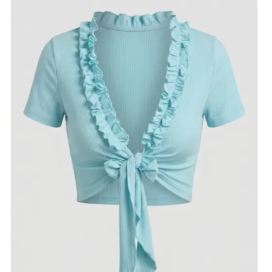 Cropped em Amarração com Manga e Babado Feminino