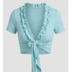 Cropped em Amarração com Manga e Babado Feminino