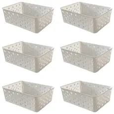 Kit 6 Cestos Organizadores Branco Multiuso Médio Empilhável Gaveta Armário Lavanderia 19x14x6,5