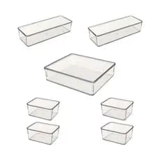Kit 7 Organizador Modular Multiuso Acrílico Cristal Cesto Gaveta Maquiagem Geladeira