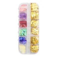 Kit Estojo 6 Madre Perola E Folha De Ouro Decoração De Unhas