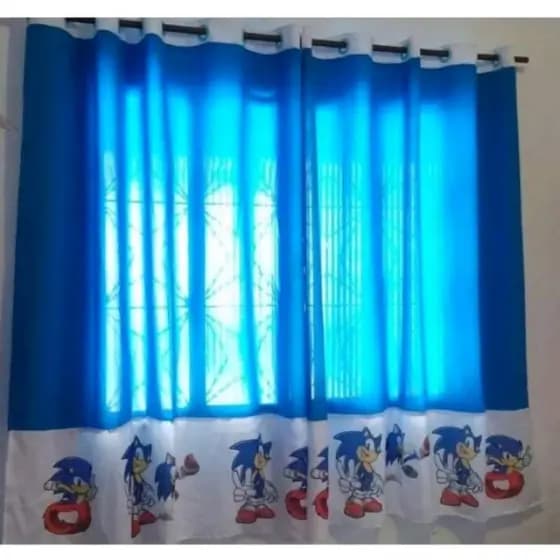 cortina Sonic azul barra branca personagem para quarto infantil,tema desenho animado,decoração,cortina aniversário