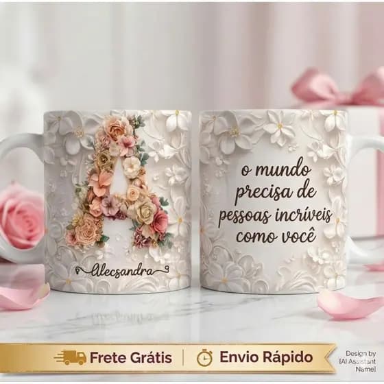 Caneca Personalizada Nome Inicial Floral Presente Dia das Mães Namorados Amigas Mulheres - Xícara Cerâmica  Lembrancinha