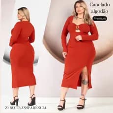 Vestido Midi Plus Size Feminino Fenda Manga Longa Canelado