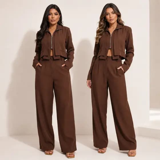 Conjunto Feminino Alfaitaria Marrant  Calça Wide Leg e Jaqueta Manga Longa e Roupa Casual Feminina Outono Inverno Chique