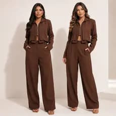 Conjunto Feminino Alfaitaria Marrant  Calça Wide Leg e Jaqueta Manga Longa e Roupa Casual Feminina Outono Inverno Chique