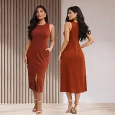 Vestidos Feminino Midi Moletinho de Regata Com Fenda Frontal Tubinho Basica Casual