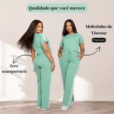 Conjunto Feminino Moletinho Blusa Calça Pantalona Com Listra Casual