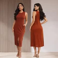 Vestido Midi Moletinho Viscose com Bolso Lisa Regata Casual Zero Transparencia Confortavel Premium Malha Fria Verao Ofer