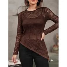 Blusa Feminina Renda Manga Longa Assimétrica Elegante