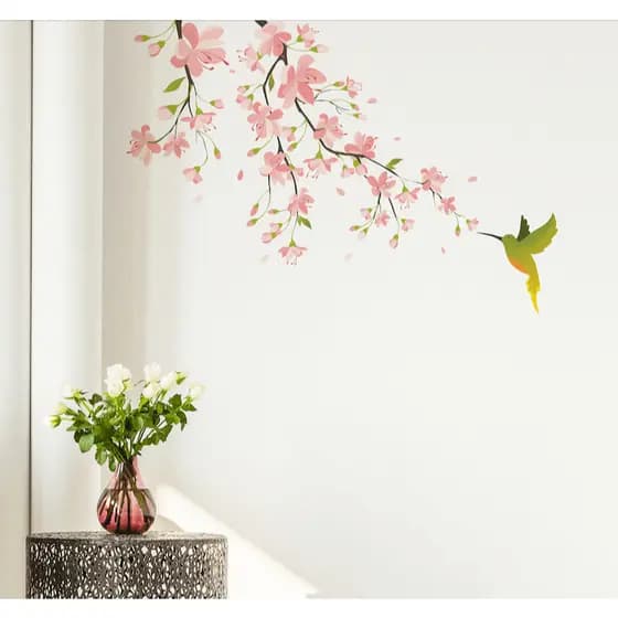 Adesivo Parede Galho Beija-Flor Diversas Cores Flor Delicado Menina Rosa Lilas Decoração 57x82cm