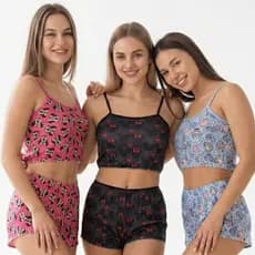 Kit 3 Pijama Baby Doll Short Doll Feminino Micro Estampado Sem Bojo Conjunto Noite