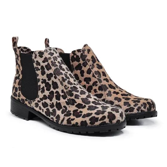 Bota Feminina Botina Couro Sintetico Onça Cano Curto