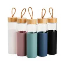 Garrafa de Vidro Borossilicato 750ml Tampa de Bambu Luva de Silicone Cozinha, Casa