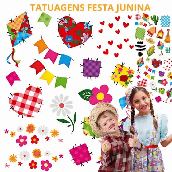 Tatuagem Temporária Infantil Tatuagens Festa Junina e Arraiá Removíveis Divertidos