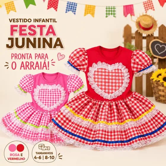 Vestido Festa Junina Infantil Menina Caipira Xadrez Com Renda Babado São João Arraiá