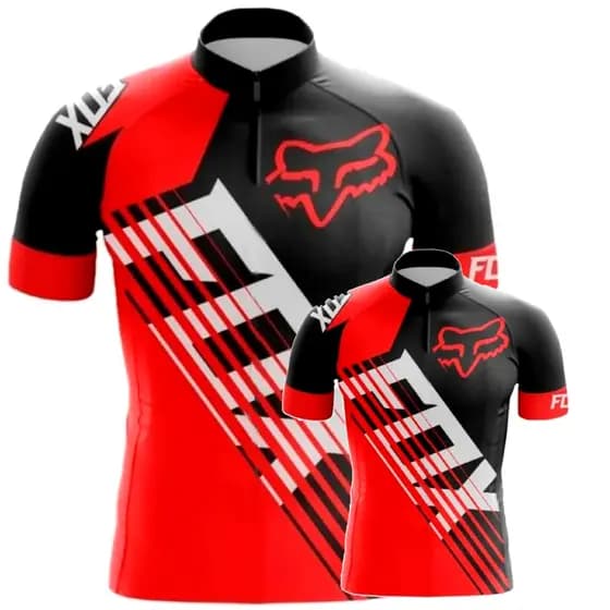 Conjunto Camisa Fox Vermelho Ciclismo Pai E Filho Mtb Dry Fit Bike Uv Manga Curta