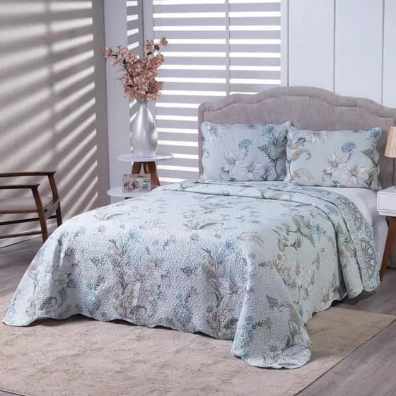 Kit Cobre Leito Colcha 3 Peças Bouti Estampada Dupla Face Porta Travesseiro Aba Americana