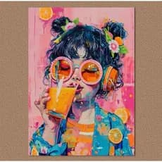 Quadro Decorativo Moderno Elegante Garota Descolada quadros decorativos art street menina bebendo suco Decoração quarto