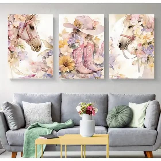 Kit 3 Quadros Decorativos Modernos Elegantes Cowgirl Cowboy quadros decorativos para quarto feminino quadros cavalos mdf