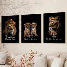 Kit 3 Quadros Decorativos Modernos Elegante Familia Leão 2 Filhotes Grande Para Sala Quarto De Luxo
