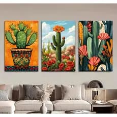 Kit 3 Quadros Decorativos Modernos Pintura Paisagem Cactos 120x60 mdf Decoração quarto casa Quadros grande para sala