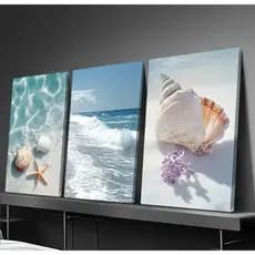 KIT 3 QUADROS DECORATIVOS MODERNOS ELEGANTES PAISAGEM PRAIA ESTRELA DO MAR CONCHA OCEANO 3 PEÇAS