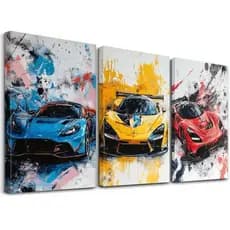 KIT 3 QUADROS DECORATIVOS MODERNOS GRANDE CARROS ELEGANTES LUXUOSOS VELOZES DE CORRIDA 3 PEÇAS MDF