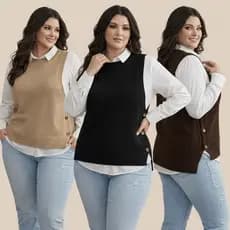 Colete Tricot Feminino Plus Size Detalhes em Botão Sofisticado Outono Inverno