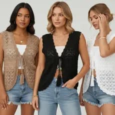 Colete Feminino em Tricot Rendado Verão Moda Colete Sem Mangas Delicado Terceira Peça