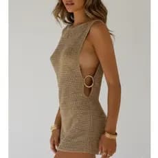 Saída de Praia Vestido Feminino Tricot Detalhes em Argolas Tendência Verão