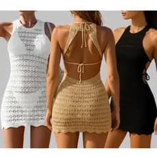 Saída de Praia Vestido Curto Tricot Crochê Vazado Detalhe nas Costas Abertas Moda Verão 2026 Roupa de Praia Feminina