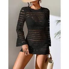 Saída de Praia Vestido Manga Flaire Feminino Tricot Croche Costas a Mostra Verão Costa Nua Croche Moda Verão Ano Novo